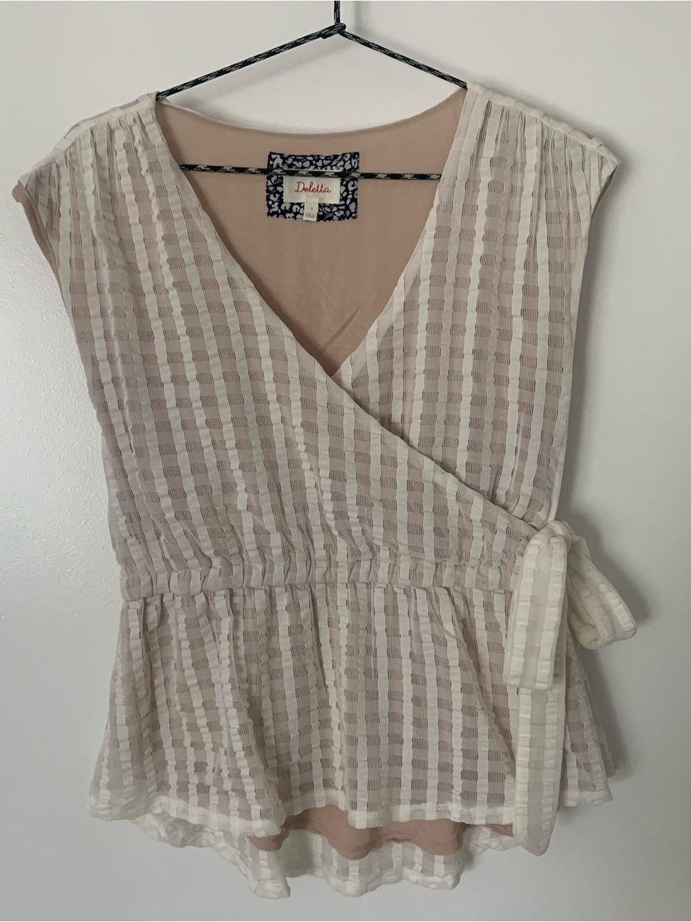 Anthropologie Deletta White & Beige Wrap Peplum Top